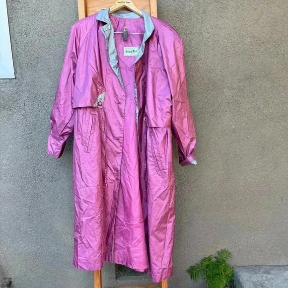 Pink rain coat parka metallic long coat British Mist Petite 8 - Picture 1 of 5